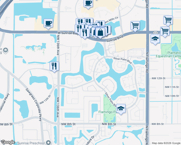map of restaurants, bars, coffee shops, grocery stores, and more near 1309 Northwest 129th Way in Sunrise