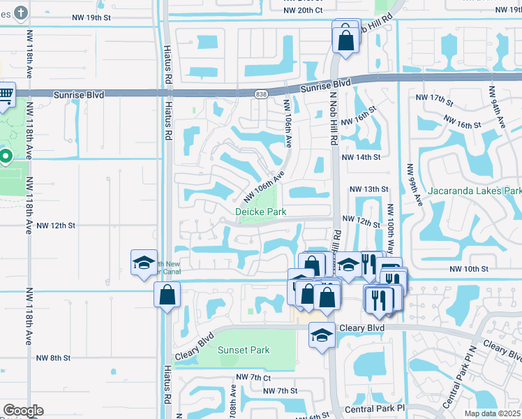 map of restaurants, bars, coffee shops, grocery stores, and more near 1200 Northwest 106th Avenue in Plantation