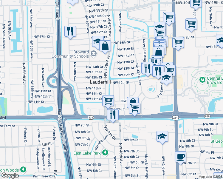map of restaurants, bars, coffee shops, grocery stores, and more near 1130 Northwest 47th Avenue in Lauderhill