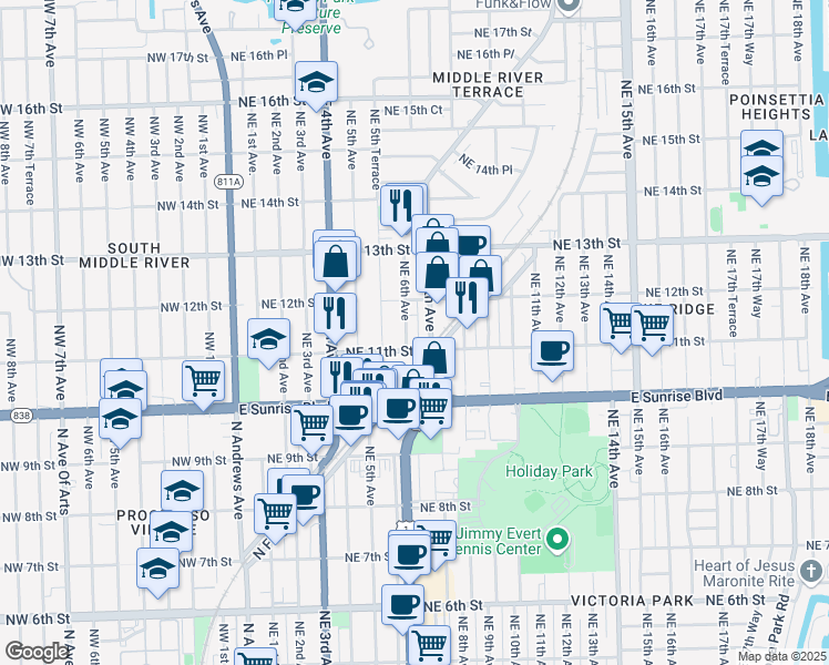 map of restaurants, bars, coffee shops, grocery stores, and more near 601 Northeast 11th Street in Fort Lauderdale