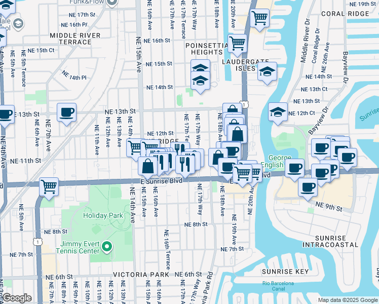 map of restaurants, bars, coffee shops, grocery stores, and more near 2101 Northeast 11th Street in Fort Lauderdale
