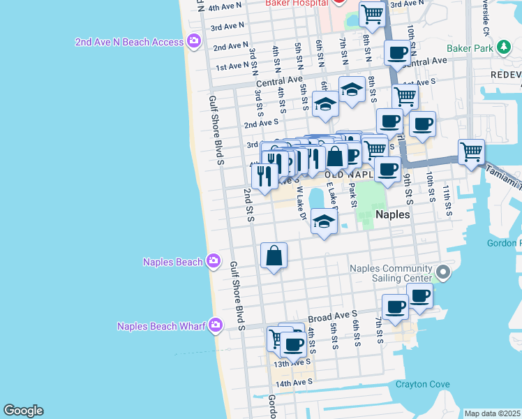 map of restaurants, bars, coffee shops, grocery stores, and more near 254 6th Avenue South in Naples