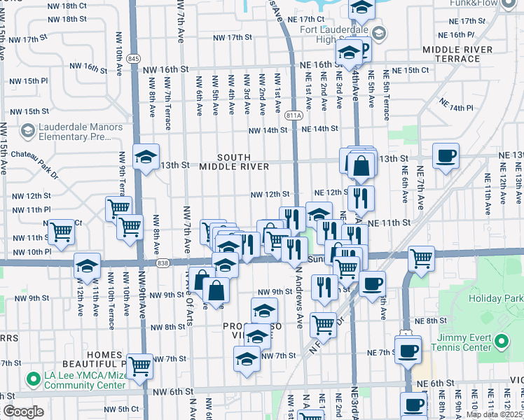 map of restaurants, bars, coffee shops, grocery stores, and more near 1111 Northwest 2nd Avenue in Fort Lauderdale
