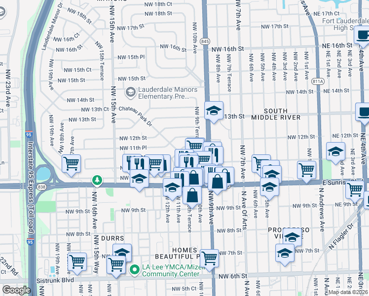 map of restaurants, bars, coffee shops, grocery stores, and more near 931 Chateau Park Drive in Fort Lauderdale