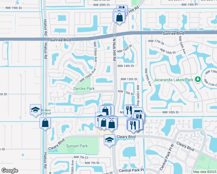 map of restaurants, bars, coffee shops, grocery stores, and more near 1241 Northwest 103rd Avenue in Plantation