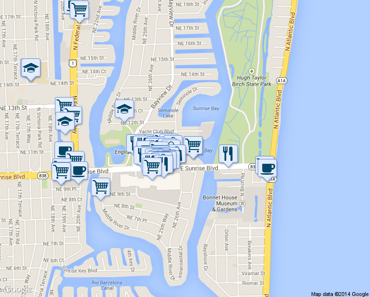 map of restaurants, bars, coffee shops, grocery stores, and more near 1030 Seminole Drive in Fort Lauderdale