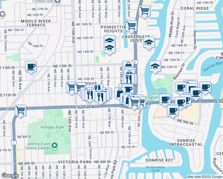 map of restaurants, bars, coffee shops, grocery stores, and more near 406 Northeast 11th Street in Fort Lauderdale