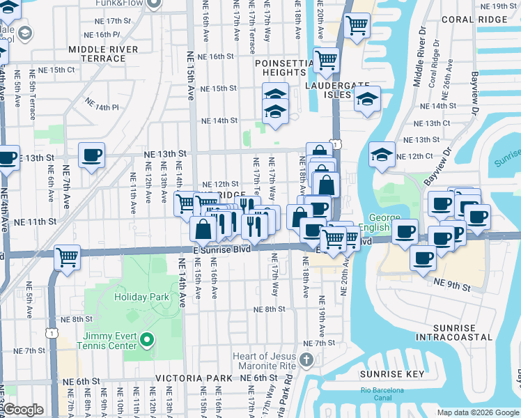 map of restaurants, bars, coffee shops, grocery stores, and more near 2101 Northeast 11th Street in Fort Lauderdale