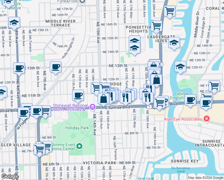 map of restaurants, bars, coffee shops, grocery stores, and more near 1616 Northeast 11th Street in Fort Lauderdale