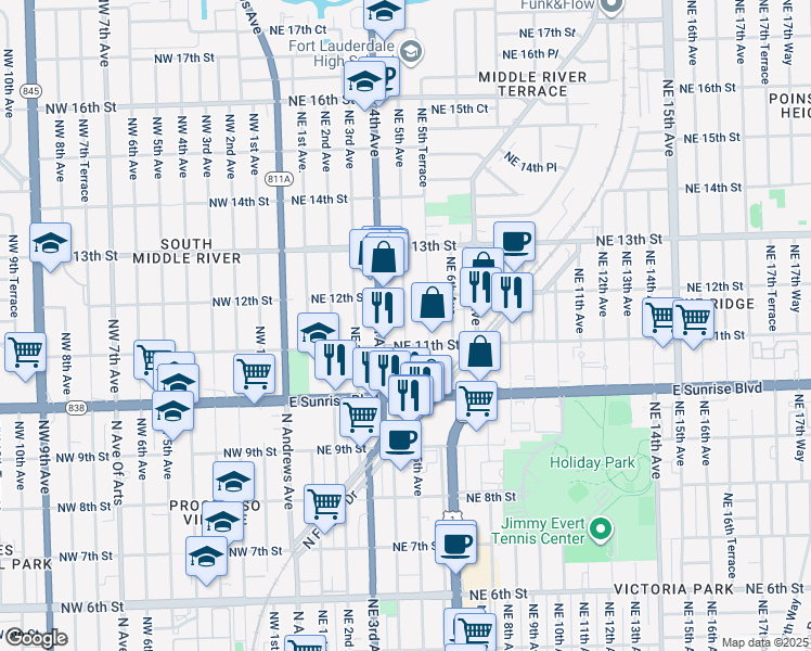 map of restaurants, bars, coffee shops, grocery stores, and more near 1105 Northeast 5th Terrace in Fort Lauderdale