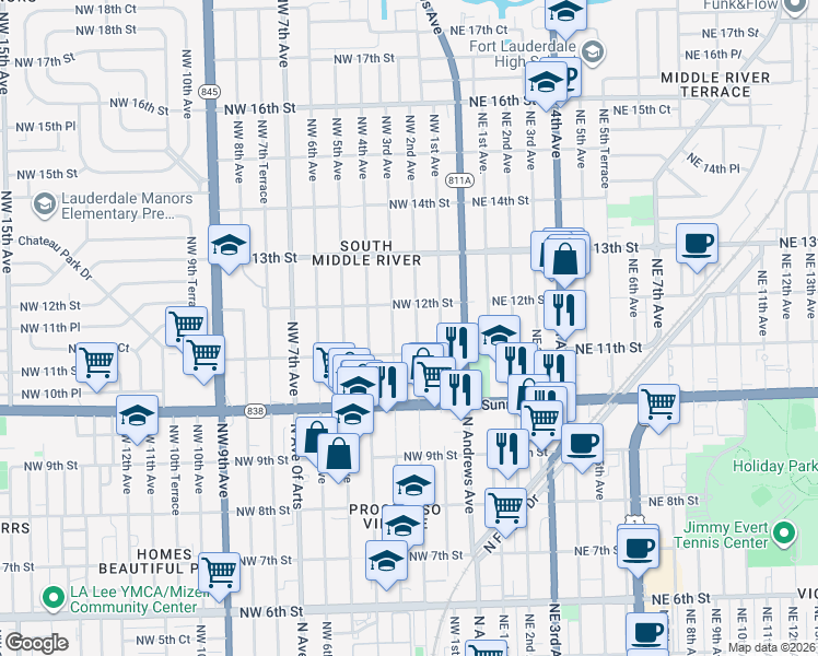 map of restaurants, bars, coffee shops, grocery stores, and more near 1111 Northwest 2nd Avenue in Fort Lauderdale