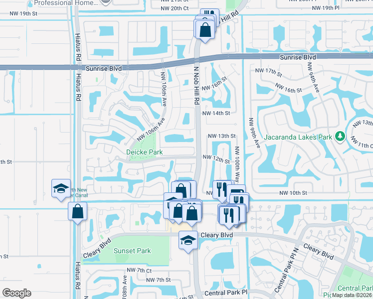 map of restaurants, bars, coffee shops, grocery stores, and more near 1241 Northwest 103rd Avenue in Plantation