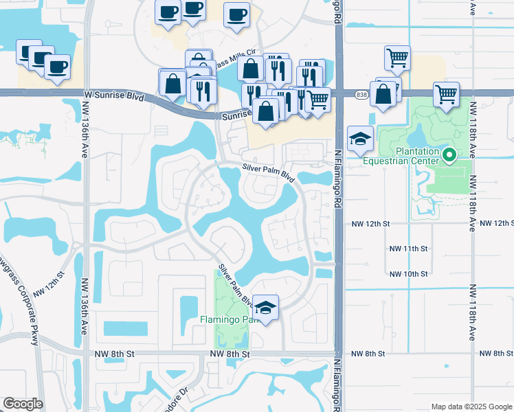 map of restaurants, bars, coffee shops, grocery stores, and more near 12657 Northwest 13th Court in Sunrise