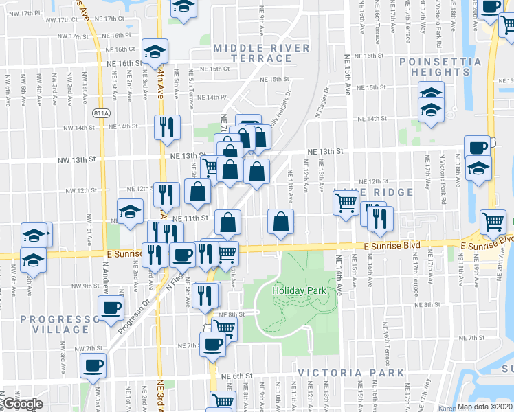 map of restaurants, bars, coffee shops, grocery stores, and more near 1101 Northeast 9th Avenue in Fort Lauderdale