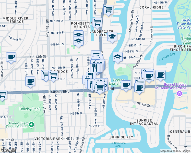 map of restaurants, bars, coffee shops, grocery stores, and more near 1125 North Federal Highway in Fort Lauderdale