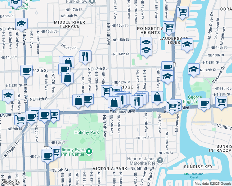 map of restaurants, bars, coffee shops, grocery stores, and more near 1111 Northeast 16th Avenue in Fort Lauderdale