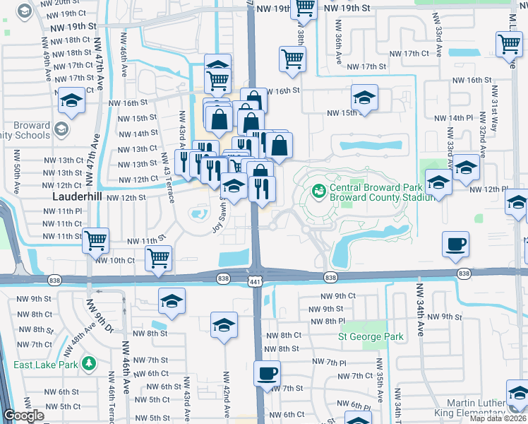 map of restaurants, bars, coffee shops, grocery stores, and more near 1140 U.S. 441 in Lauderhill