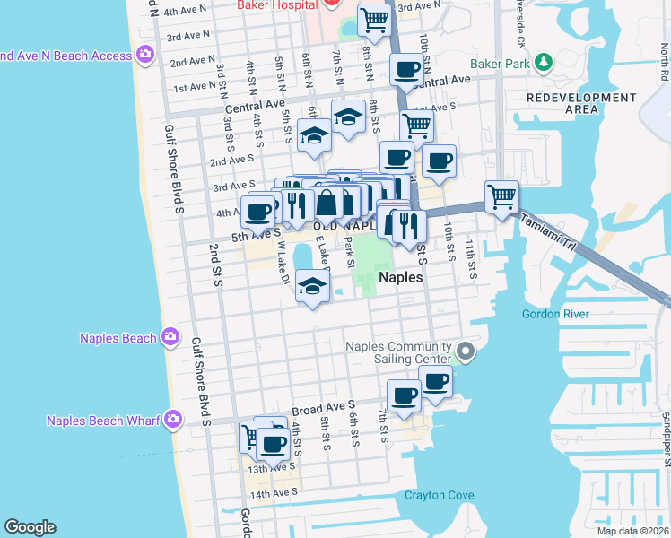 map of restaurants, bars, coffee shops, grocery stores, and more near 601 7th Avenue South in Naples