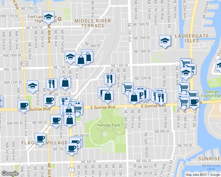 map of restaurants, bars, coffee shops, grocery stores, and more near 1115 Northeast 12th Avenue in Fort Lauderdale
