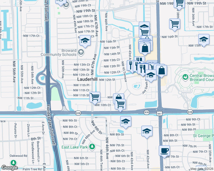 map of restaurants, bars, coffee shops, grocery stores, and more near 1164 Northwest 45th Terrace in Lauderhill