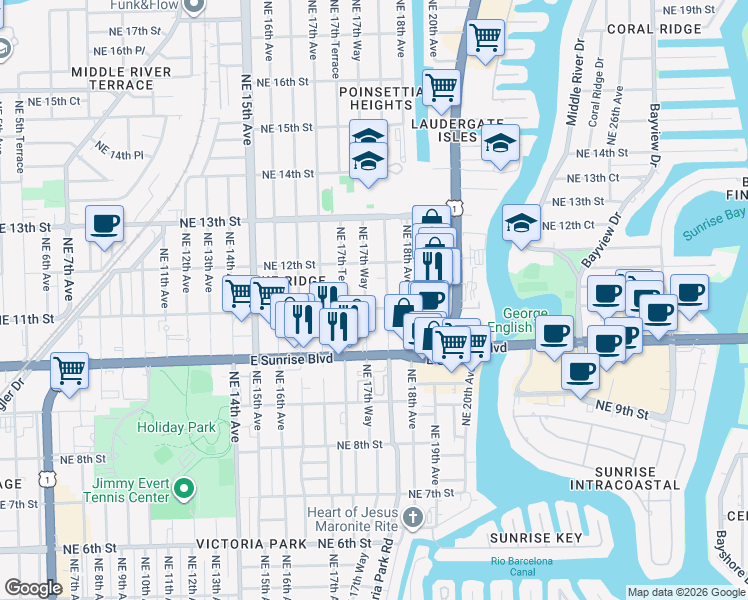 map of restaurants, bars, coffee shops, grocery stores, and more near 406 Northeast 11th Street in Fort Lauderdale