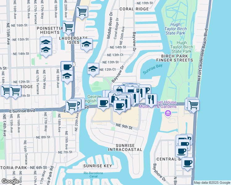 map of restaurants, bars, coffee shops, grocery stores, and more near Unnamed Road in Fort Lauderdale