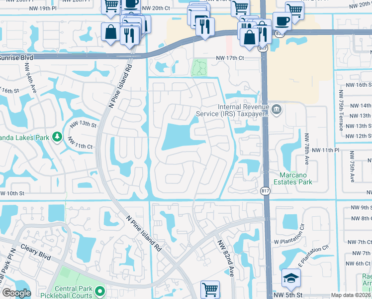 map of restaurants, bars, coffee shops, grocery stores, and more near 8542 Northwest 12th Street in Plantation