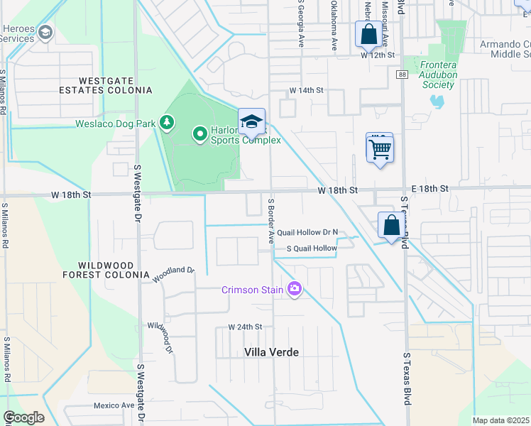 map of restaurants, bars, coffee shops, grocery stores, and more near 1821 Petunia Avenue in Weslaco