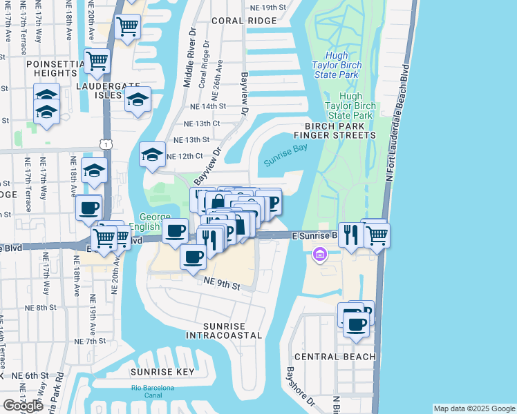 map of restaurants, bars, coffee shops, grocery stores, and more near 1010 Seminole Drive in Fort Lauderdale