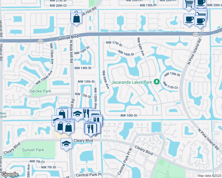 map of restaurants, bars, coffee shops, grocery stores, and more near 1058 Northwest 99th Avenue in Plantation