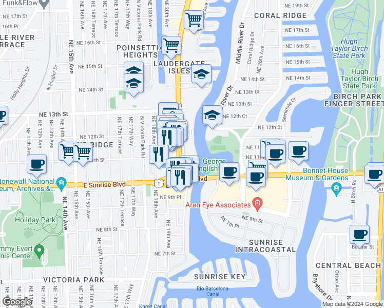 map of restaurants, bars, coffee shops, grocery stores, and more near 1180 U.S. 1 in Fort Lauderdale