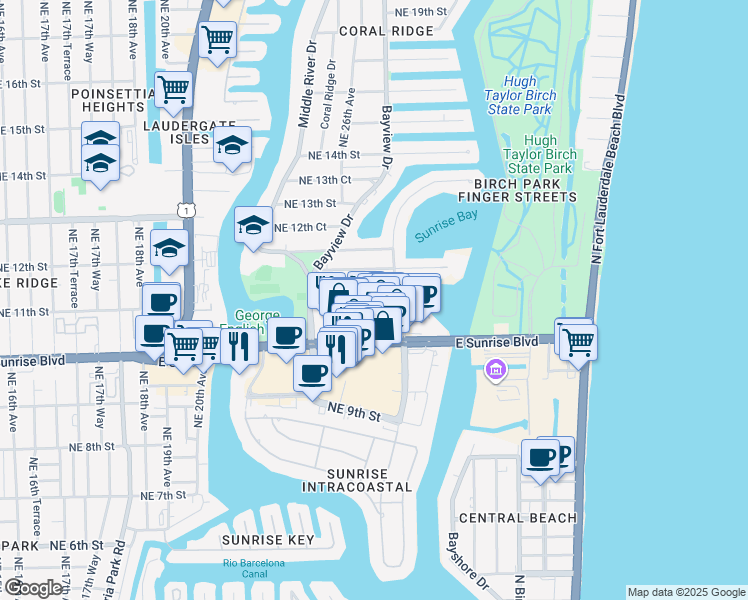 map of restaurants, bars, coffee shops, grocery stores, and more near 2501 East Sunrise Boulevard in Fort Lauderdale