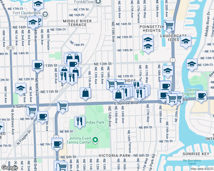 map of restaurants, bars, coffee shops, grocery stores, and more near 1314 Northeast 11th Street in Fort Lauderdale