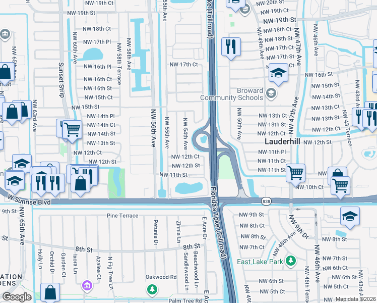 map of restaurants, bars, coffee shops, grocery stores, and more near 5350 Northwest 12th Court in Lauderhill