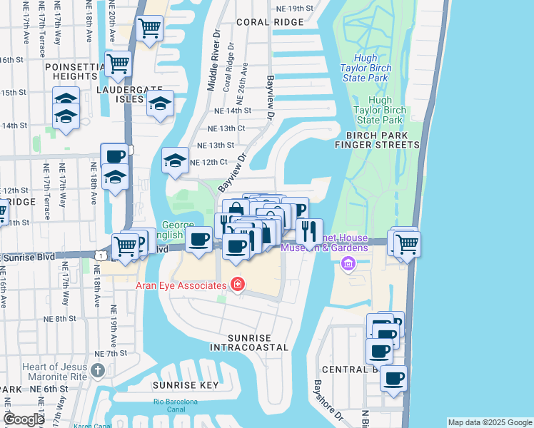 map of restaurants, bars, coffee shops, grocery stores, and more near 2501 East Sunrise Boulevard in Fort Lauderdale
