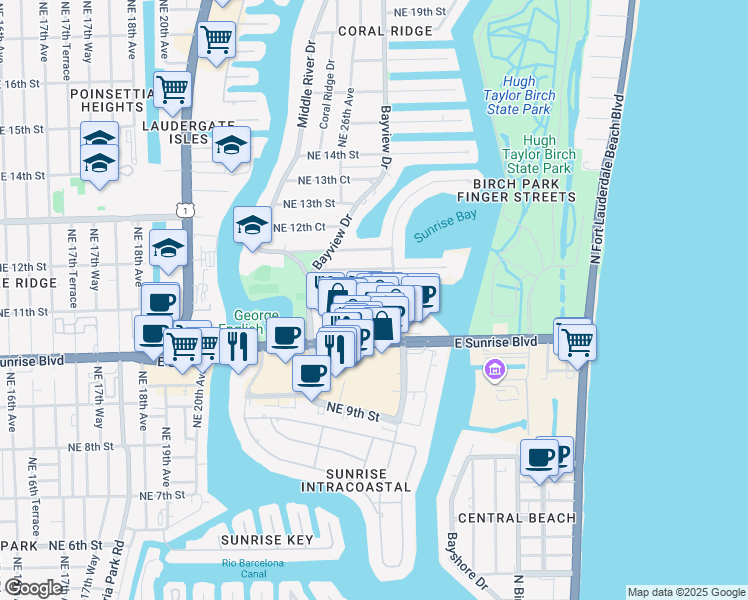 map of restaurants, bars, coffee shops, grocery stores, and more near 2501 East Sunrise Boulevard in Fort Lauderdale