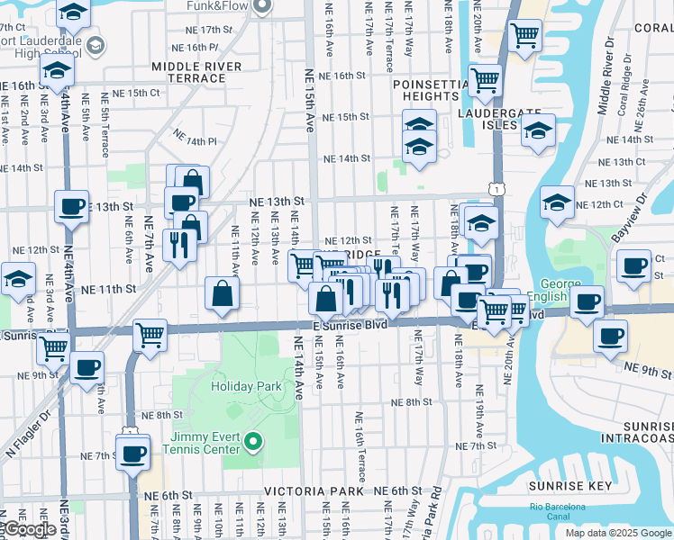 map of restaurants, bars, coffee shops, grocery stores, and more near 1111 Northeast 16th Avenue in Fort Lauderdale