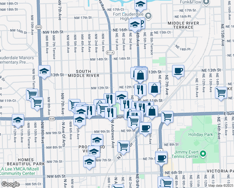 map of restaurants, bars, coffee shops, grocery stores, and more near 1111 Northeast 1st Avenue in Fort Lauderdale