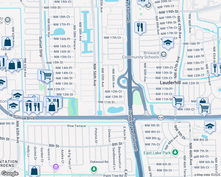 map of restaurants, bars, coffee shops, grocery stores, and more near 5350 Northwest 12th Court in Lauderhill