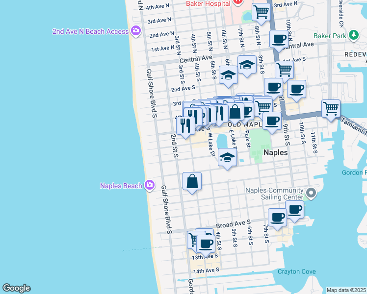 map of restaurants, bars, coffee shops, grocery stores, and more near 675 2nd Street South in Naples