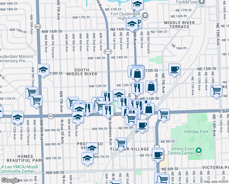map of restaurants, bars, coffee shops, grocery stores, and more near 1111 Northeast 1st Avenue in Fort Lauderdale