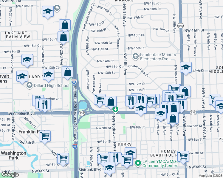 map of restaurants, bars, coffee shops, grocery stores, and more near 1613 Northwest 11th Court in Fort Lauderdale