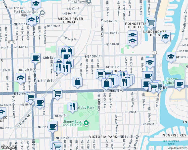 map of restaurants, bars, coffee shops, grocery stores, and more near 1314 Northeast 11th Street in Fort Lauderdale