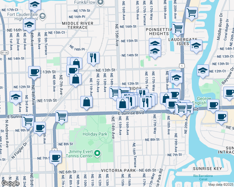 map of restaurants, bars, coffee shops, grocery stores, and more near 1111 Northeast 16th Avenue in Fort Lauderdale