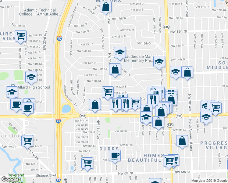 map of restaurants, bars, coffee shops, grocery stores, and more near 1431 Northwest 11th Place in Fort Lauderdale