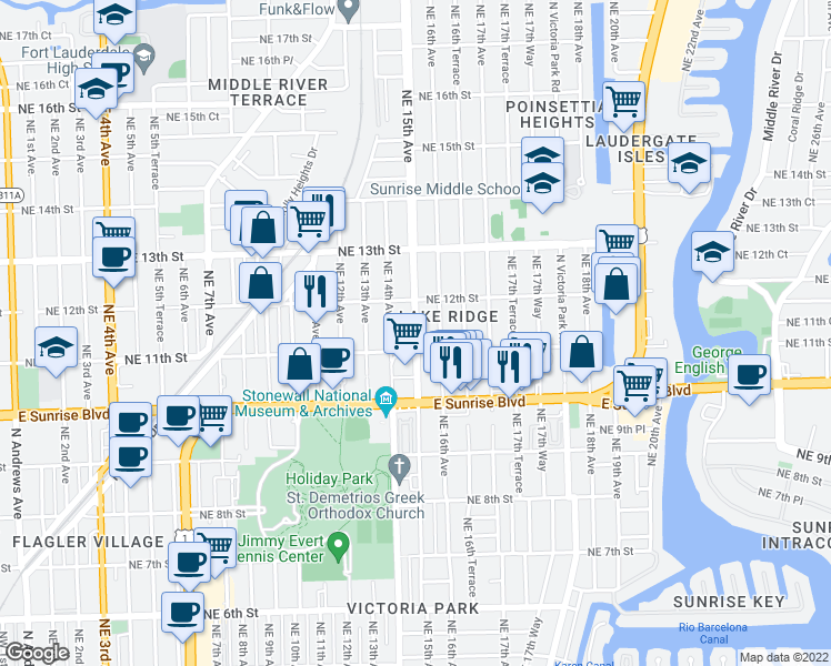 map of restaurants, bars, coffee shops, grocery stores, and more near 1111 Northeast 16th Avenue in Fort Lauderdale