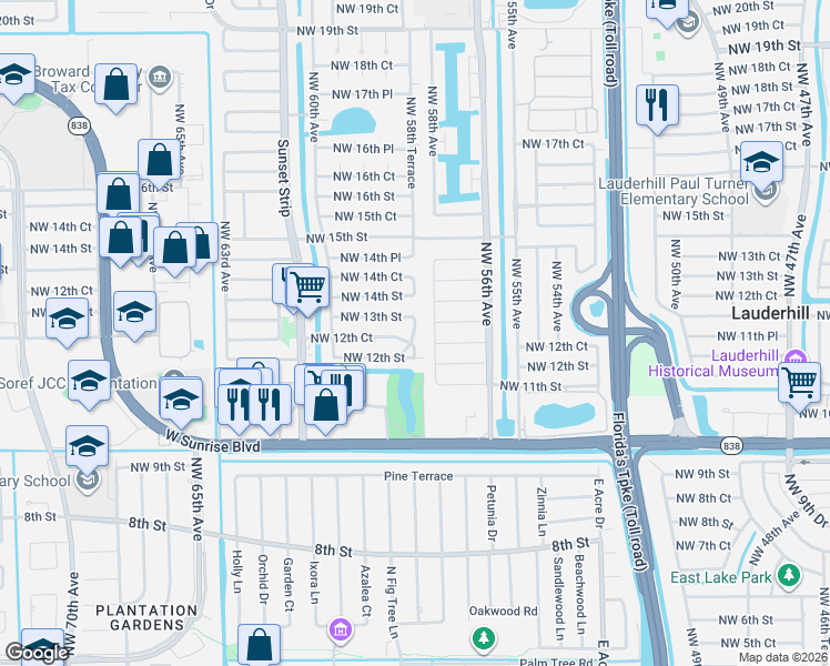 map of restaurants, bars, coffee shops, grocery stores, and more near 5801 Northwest 12th Street in Sunrise