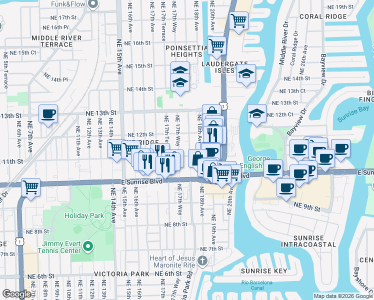 map of restaurants, bars, coffee shops, grocery stores, and more near 406 Northeast 11th Street in Fort Lauderdale