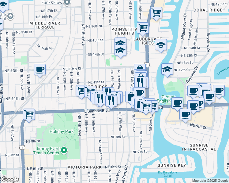 map of restaurants, bars, coffee shops, grocery stores, and more near 406 Northeast 11th Street in Fort Lauderdale