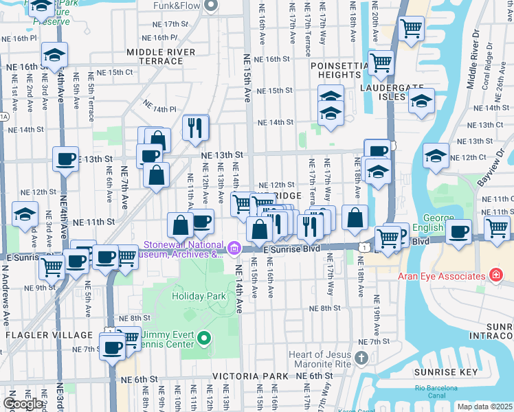 map of restaurants, bars, coffee shops, grocery stores, and more near 1111 Northeast 16th Avenue in Fort Lauderdale